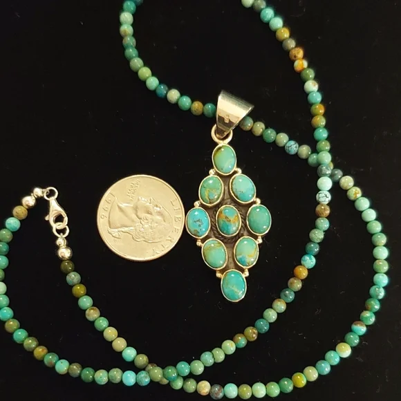 Natural Turquoise Beaded Neckace with Turquiose Pendant in Sterling Silver - Picture 7 of 11